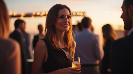 Modern Businesswoman Engaging in Networking Activities During a Twilight Gathering with Colleagues and Peers Over Drinks in an Outdoor Setting