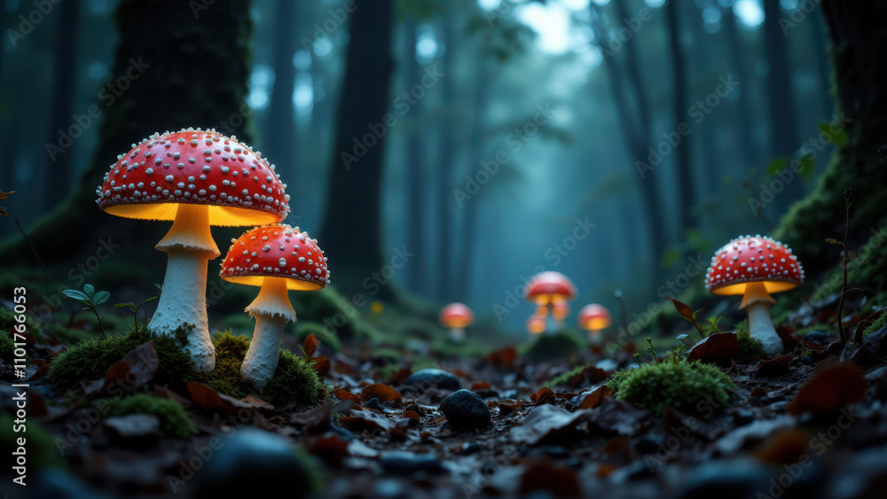 Poster mystical forest path illuminated by glowing red muscimol mushrooms with blurred trees in background.