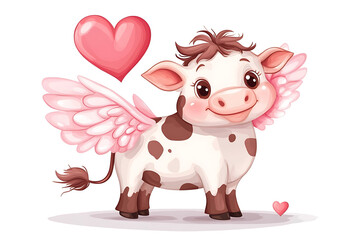 A cute, cartoonish cow with wings and hearts, symbolizing love and joy.