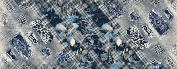 Abstract hand drawn seamless pattern with geometric and brush painted elements. brush textured colorful background. Modern poster, card, textile, wallpaper template, wrapping paper designs.
