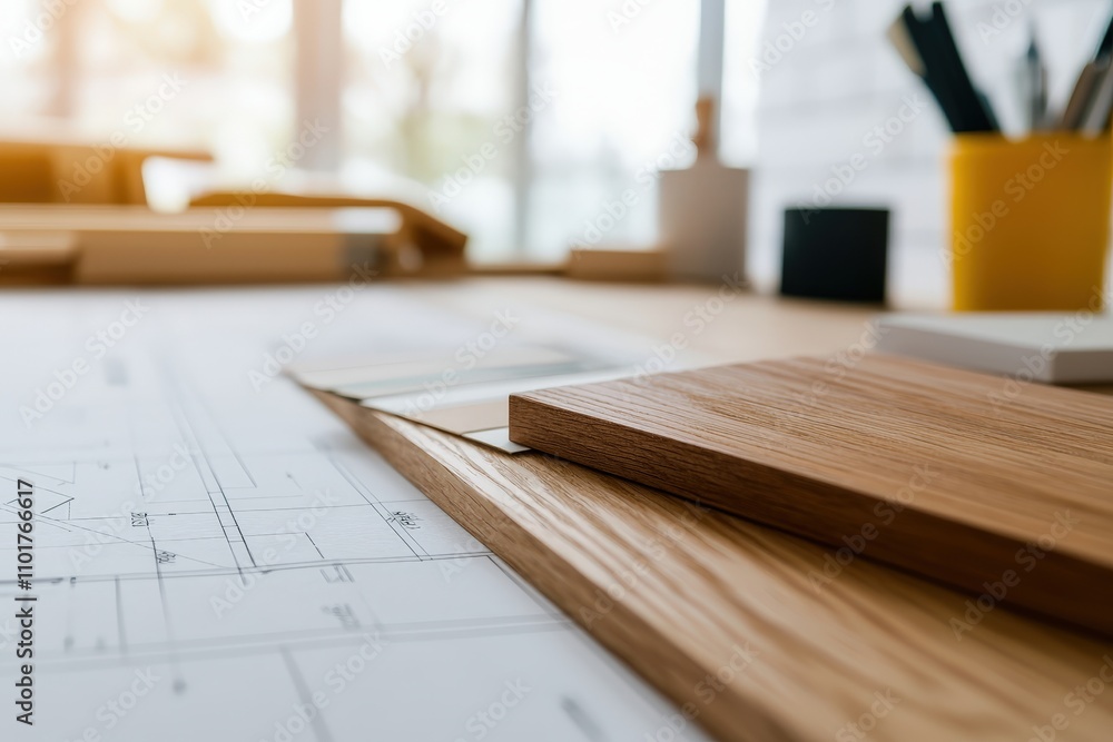 Poster modern workspace with wooden materials and drafting plans on table surrounded by natural light empha