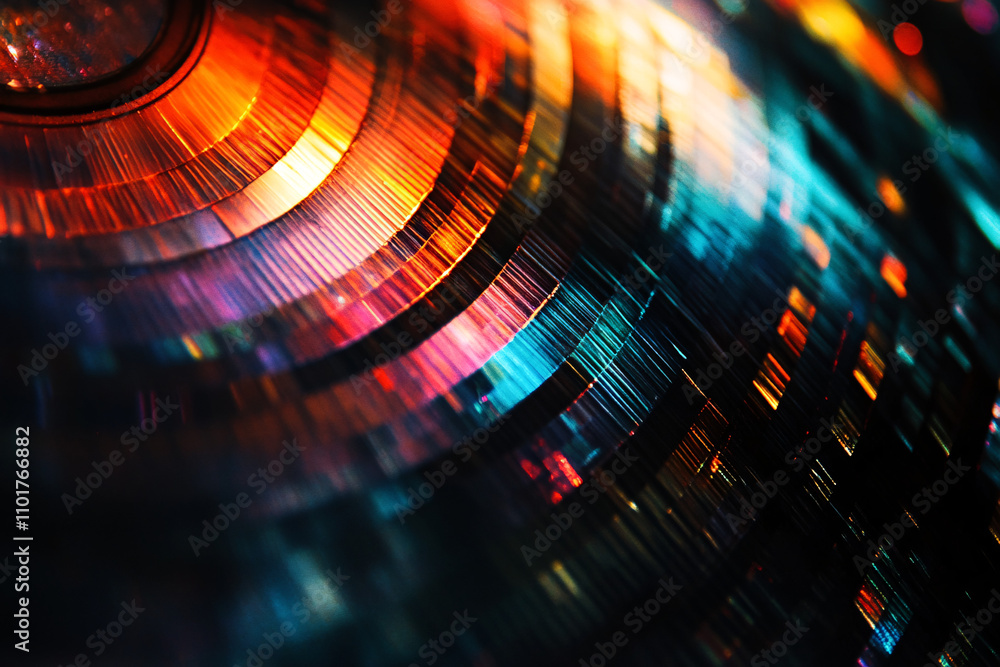 Poster concentric metallic layers reflect radiant multicolored light in vibrant hues creating a dynamic and