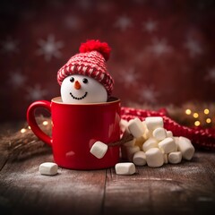 Fototapeta premium Christmas hot chocolate with marshmallow snowman on cozy blur background with copy space