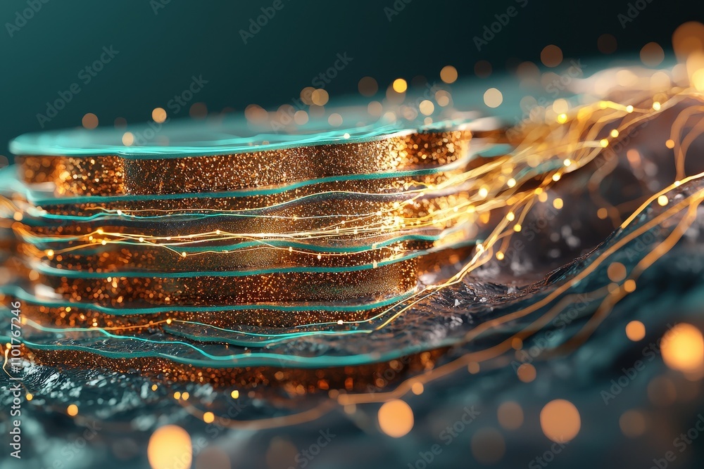 Aufkleber glittering layers of coins surrounded by luminous particles and flowing light creating an enigmatic 