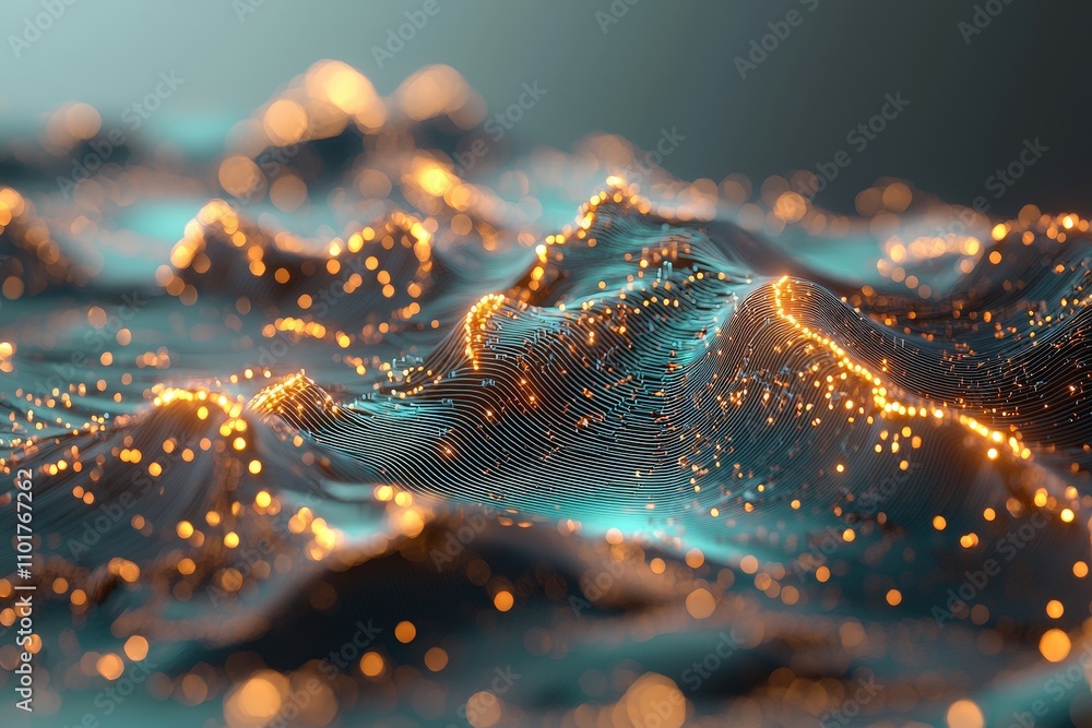 Poster abstract digital landscape with soft waves and glowing particles, ideal for backgrounds, technology 