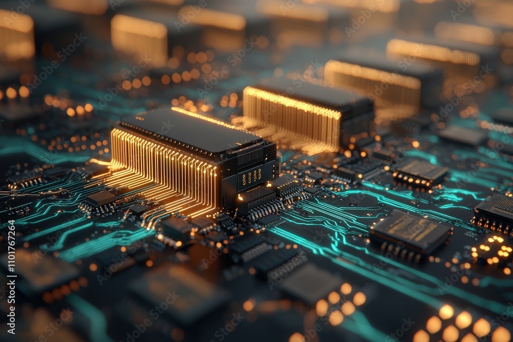Poster close-up view of complex electronic circuit board with glowing components and neon lights highlighti