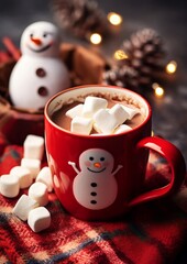 Christmas hot chocolate with marshmallow snowman on cozy blur background with copy space