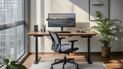 Modern home office setup with standing desk, ergonomic chair, and large window.