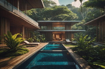 Fototapeta premium an eco-friendly luxury resort blending seamlessly into a tropical rainforest.