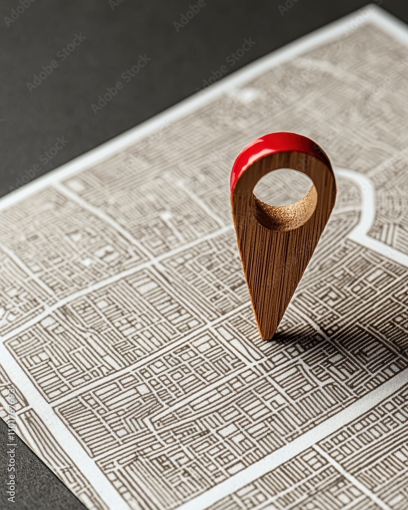 Poster a wooden location pin sits atop a detailed map, emphasizing navigation and geographic exploration.