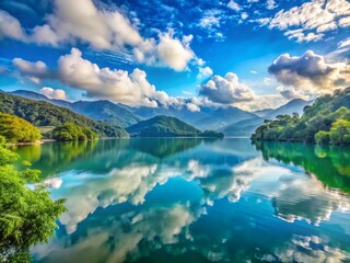 Scenic View of Sun Moon Lake in Nantou, Taiwan: A Serene Landscape Capturing Tranquility and Nature's Beauty with Lush Greens, Reflective Waters, and Majestic Mountains