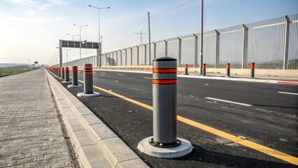 Temporary Retractable Bollards Lining a Road as Barriers for Traffic Control. Generative AI