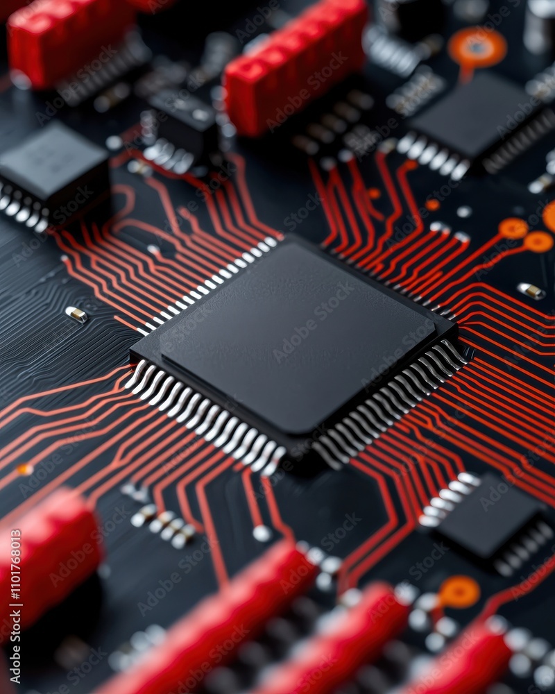 Poster a close-up of a circuit board featuring a central chip, red connectors, and intricate pathways, show