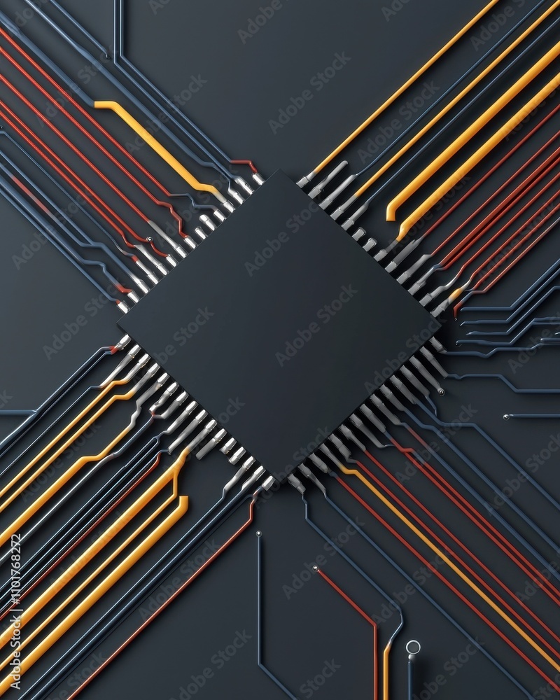 Poster a sleek microchip surrounded by colorful circuit lines on a dark background, representing technology