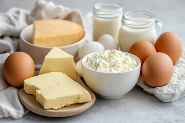 Fototapeta premium Assorted dairy products including cheese, butter, and cottage cheese are displayed alongside fresh eggs, creating a vibrant arrangement in a well-lit kitchen