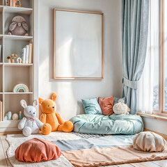ready to use mockup, Mockup frame of children's room, design home decoration, home hanging picture decoration, cozy children's room interior background, Playful pastel tones, frames
