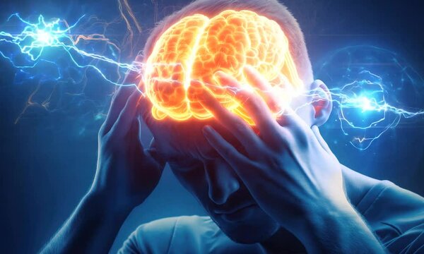 Electric headache pain animation showing human brain with hands and head