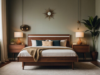 A mid century modern bedroom featuring a walnut platform bed