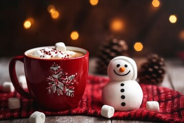 Christmas hot chocolate with marshmallow snowman on cozy blur background with copy space