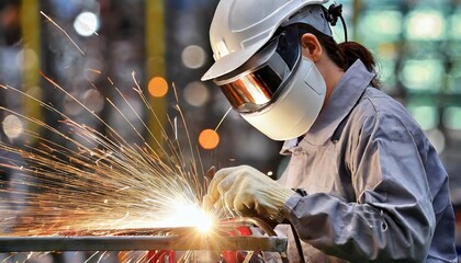 Welder Engaged in Metal Welding Amidst an Industrial Setting, Showcasing Bokeh Effects and Sparkling Highlights in the Background, Capturing the Dynamic Energy of Manufacturing Processes