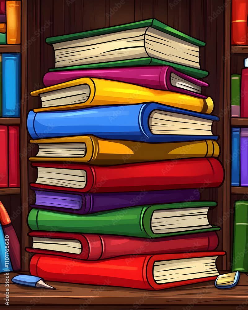 Poster stack of colorful books on a wooden shelf in a library.