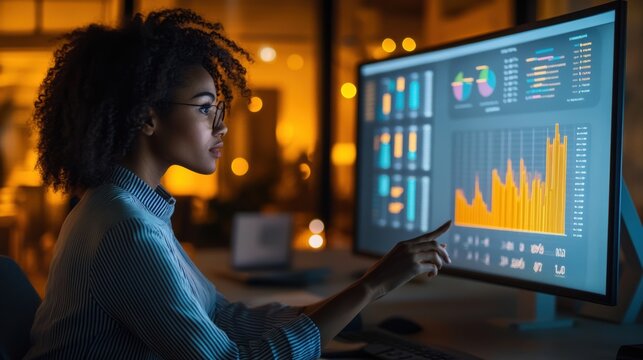 Ambitious Woman Analyzing Financial Data on Modern Computer Screen in a Contemporary Office Setting at Night