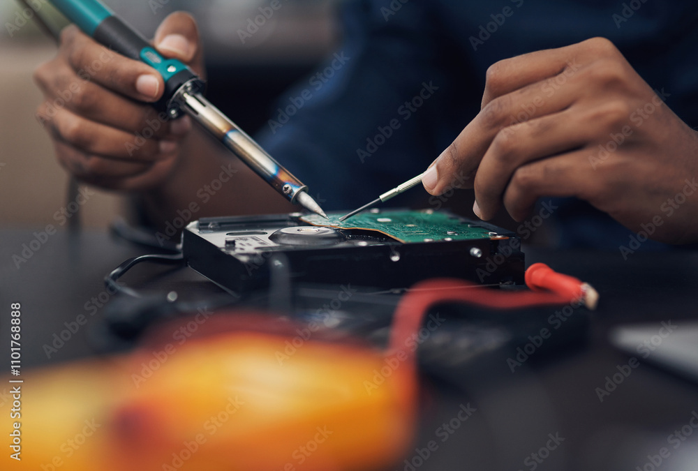 Aufkleber circuit board, engineering and soldering iron with hands of person in office for maintenance or repa