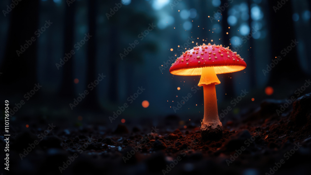 Poster a fantasy-themed image featuring a glowing red mushroom emitting magical spores on a forest floor wi