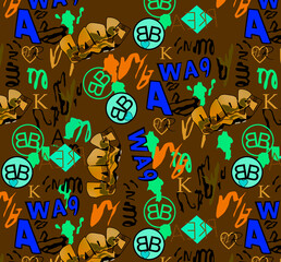 Abstract hand drawn seamless pattern with geometric and brush painted elements. brush textured colorful background. Modern poster, card, textile, wallpaper template, wrapping paper designs.
