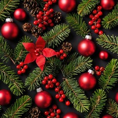 ere is an image of a top view of Christmas decorations including pine branches, red ornaments, and berries. A festive holiday arrangement with a black background, conveying warmth and celebration:"