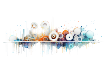 An abstract representation of big data flow with AI algorithms visualized as interconnected gears and cogs, isolated on white background