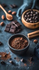 Aromatic cocoa powder with chocolate pieces and nuts on a rustic blue backdrop.