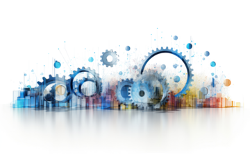 An abstract representation of big data flow with AI algorithms visualized as interconnected gears and cogs, isolated on white background