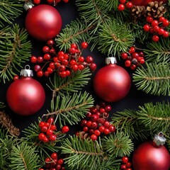 Obraz premium ere is an image of a top view of Christmas decorations including pine branches, red ornaments, and berries. A festive holiday arrangement with a black background, conveying warmth and celebration: