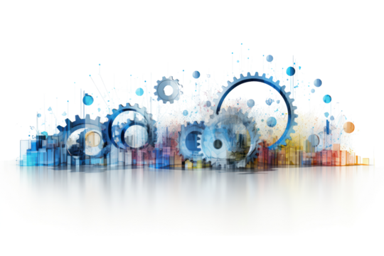 An abstract representation of big data flow with AI algorithms visualized as interconnected gears and cogs, isolated on white background