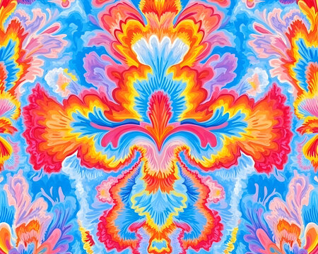 Vibrant, symmetrical floral pattern with swirling, colorful designs.