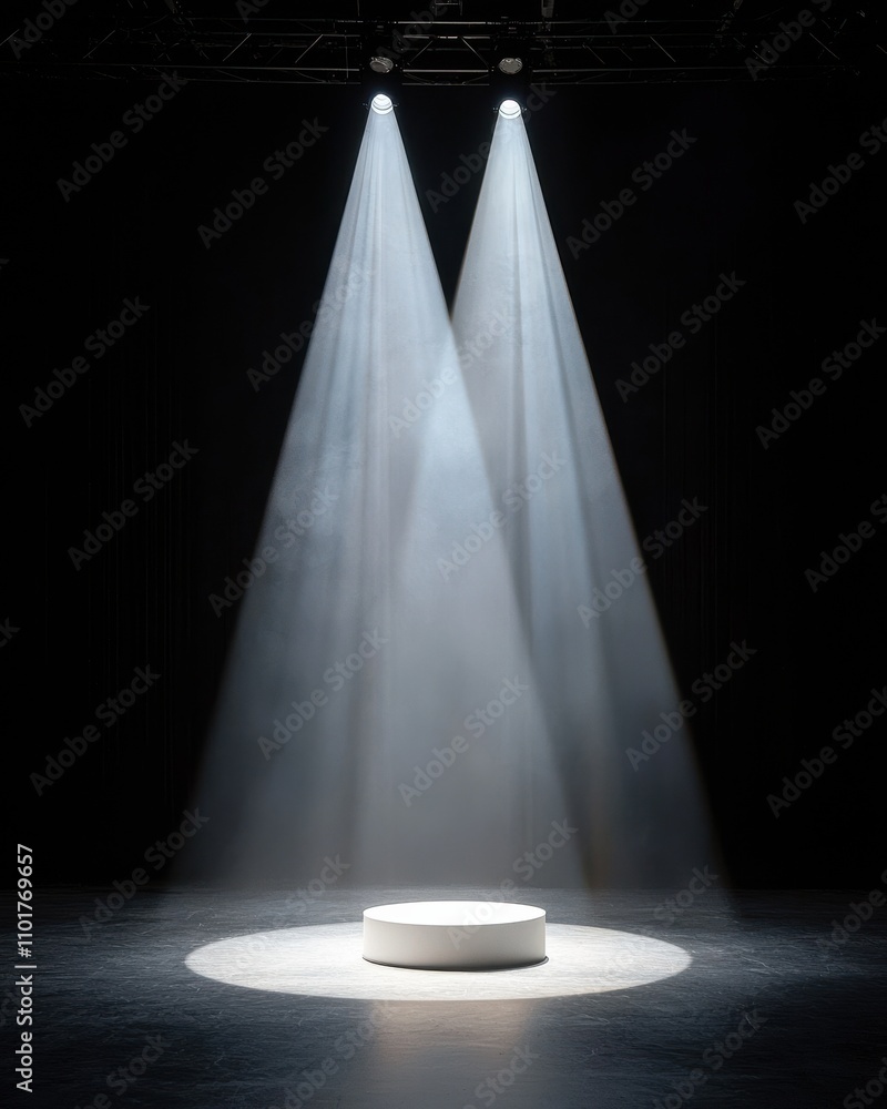 Poster A circular platform illuminated by two beams of light in a dark environment, creating a dramatic and theatrical atmosphere.