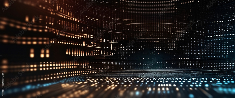 Poster digital matrix: an abstract, futuristic cityscape rendered in a captivating blend of shimmering blue