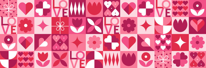 Valentine's day geometric seamless pattern. Trendy minimalist background with simple shapes, hearts, flower, stars. Creative concept for print, banner, fabric, card, wrapping paper, cover.