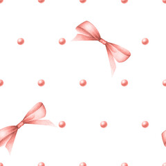 Coquette bows and beads in pastel red and coral colors. Hand drawn watercolor seamless pattern isolated on white background for festive packaging paper, textile, wrapping, fabric, scrapbooking paper.