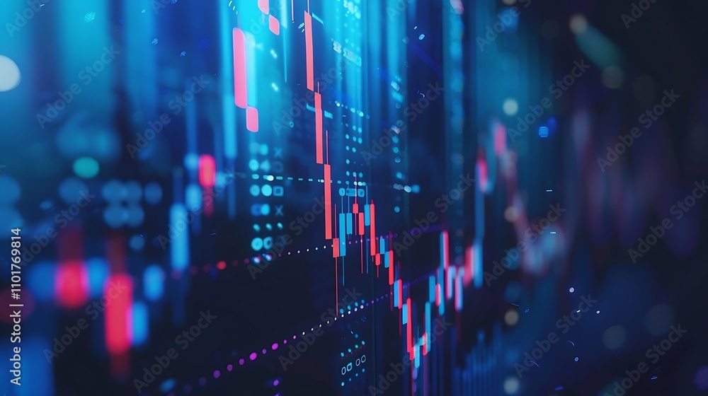 Poster a digital representation of stock market data with candlestick charts and vibrant colors.