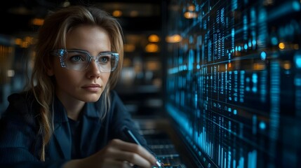 Naklejka premium Businesswoman Calculating Marginal Costs in Futuristic Office Setting - Financial Precision and Efficiency Concept