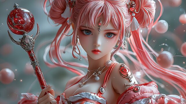 Stylized anime resin figure, holding a large magical staff, celestial energy effects swirling around