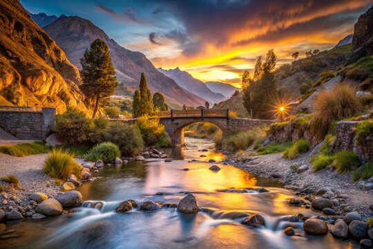 Serene Low Light Capture of Colca Valley and Small Bridge at La Calera Hot Springs, Chivay - A Tranquil Evening Scene Surrounded by Nature's Beauty