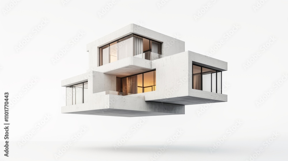 Poster a modern, minimalistic house design appears to float against a clean white background. the architect