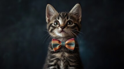 Adorable Kitten Wearing Rainbow Bowtie, Cute Pet Portrait
