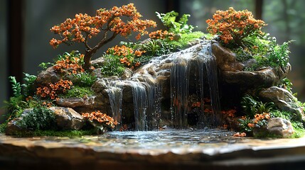 A resin sculpture featuring cascading water effects, with an artist fine-tuning the realistic textures