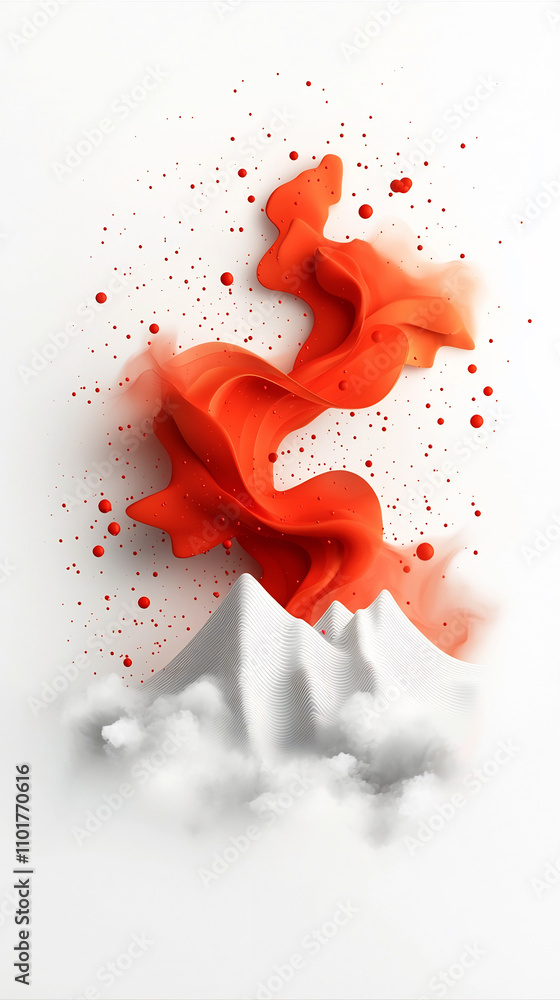 Poster flowing abstract background with a dynamic wave pattern of red dots and lines cascading across a mou