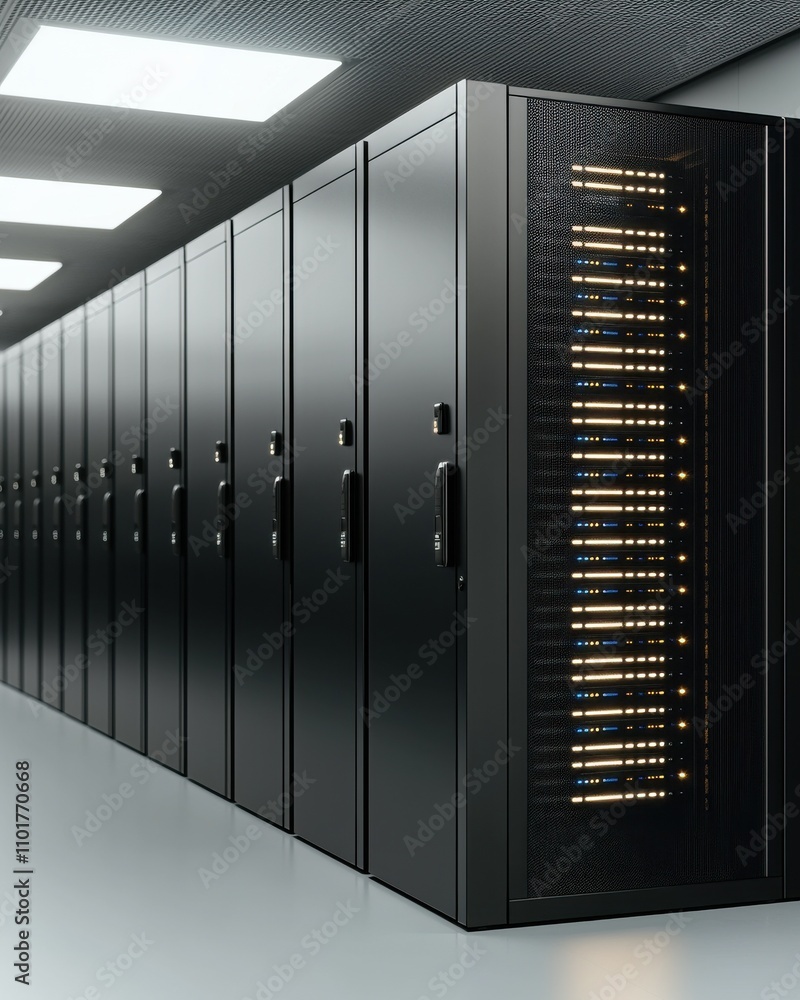 Aufkleber a sleek data center featuring rows of server racks illuminated by bright lights, showcasing advanced