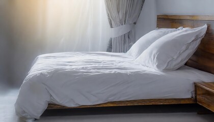 Luxurious white bedding sheets and soft pillows background showcasing a cozy, inviting, and messy bed concept, perfect for modern lifestyle, home decor, and relaxation-themed visuals.